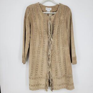 Newport News Vintage Fringe Trim Suede Leather Long Jacket XL Womens Boho Tan